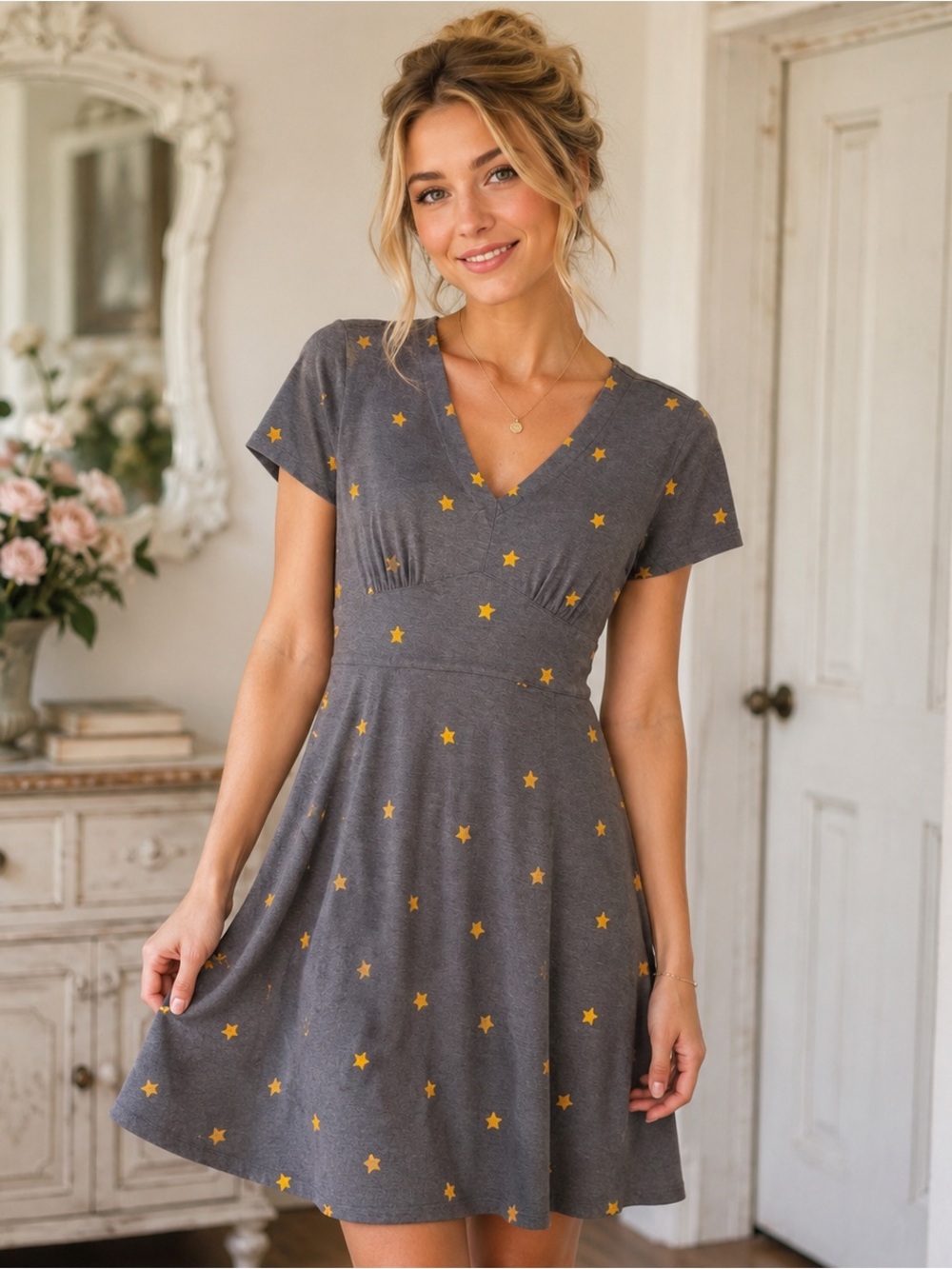 eshakti Grey Star-Print V-Neck Mini Dress Yellow Stars Size 4